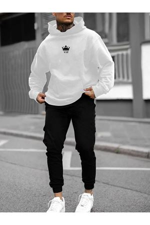 Vip Eşofman Takımı Beyaz Sweatshirt Siyah Jogger - Baskılı Oversize Şardonlu Kapüşonlu