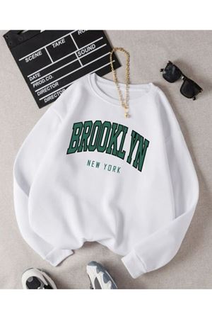 Brooklyn New York Sweatshirt - Beyaz Baskılı Oversize Kalın Kışlık Bisiklet Yaka