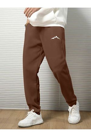 Dağ Silüet Eşofman Altı Jogger - Kahverengi Baskılı Lastik Paça Yüksek Bel