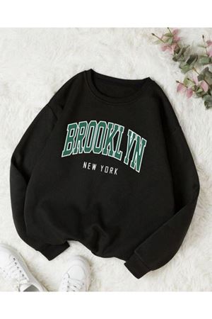 Brooklyn New York Sweatshirt - Siyah Baskılı Oversize Kalın Kışlık Bisiklet Yaka