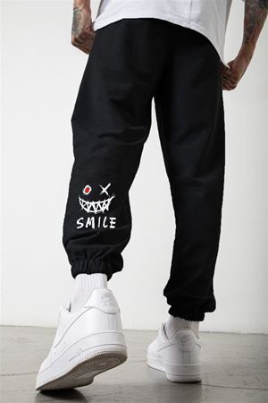 Smile Face Siyah Jogger Eşofman Altı - Paça Baskı Detaylı Lastik Paça Baskılı Rahat Tarz