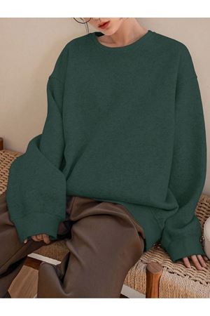 Düz Renk Sweatshirt - Nefti Yeşil Oversize Kalın Kışlık Bisiklet Yaka