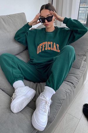 Official Eşofman Takımı Sweatshirt Jogger - Yeşil Baskılı Oversize Şardonlu Bisiklet Yaka