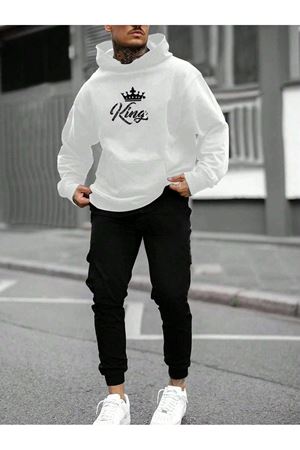 King Eşofman Takımı Beyaz Sweatshirt Siyah Jogger - Baskılı Oversize Şardonlu Kapüşonlu
