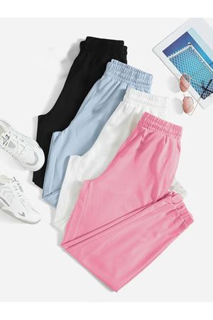 4'lü Basic Düz Eşofman Altı Jogger - Siyah Bebe Mavi Beyaz Pembe Lastik Paça Yüksel Bel
