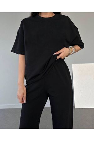 Basic T-shirt Eşofman Altı Jogger - Siyah Düz Alt Üst Eşofman Takımı Oversize Bisiklet Yaka