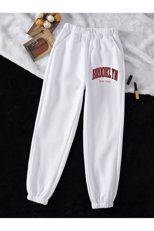 Brooklyn Eşofman Altı Jogger - Beyaz Baskılı Lastik Paça Yüksek Bel
