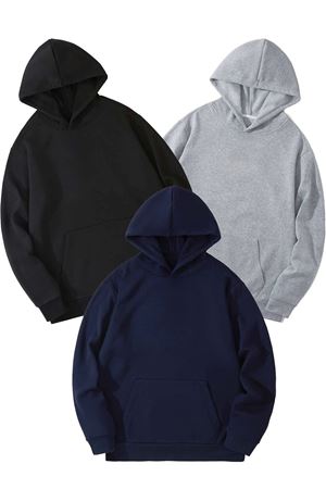 3'Lü Düz Basic Kalın Kışlık Sweatshirt - Siyah Gri Lacivert Oversize Kapüşonlu