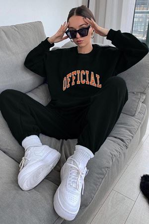 Official Eşofman Takımı Sweatshirt Jogger - Siyah Baskılı Oversize Şardonlu Bisiklet Yaka