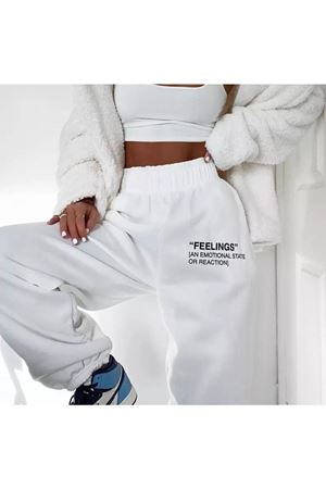 Feelings Eşofman Altı Jogger - Beyaz Baskılı Lastik Paça Yüksek Bel