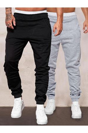 2 li Set Basic Jogger Eşofman Altı |- Siyah Ve Gri Lastik Paça Düz Tasarım Sade Şık