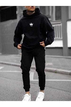 Vip Eşofman Takımı Sweatshirt Jogger - Siyah Baskılı Oversize Şardonlu Kapüşonlu