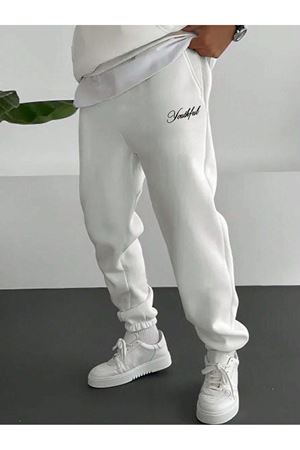 Youthfull Eşofman Altı Jogger - Beyaz Baskılı Lastik Paça Yüksek Bel