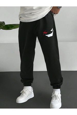Sinsi Yüz Eşofman Altı Jogger - Siyah Baskılı Lastik Paça Yüksek Bel