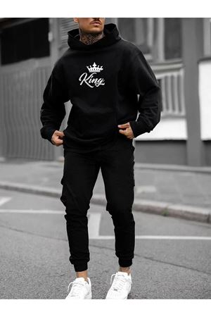 King Eşofman Takımı Sweatshirt Jogger - Siyah Baskılı Oversize Şardonlu Kapüşonlu