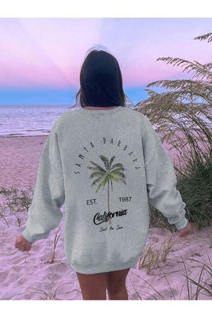 Santa Barbara Kışlık Kalın Sweatshirt - Gri Baskılı Oversize Kalın Kışlık Bisiklet Yaka