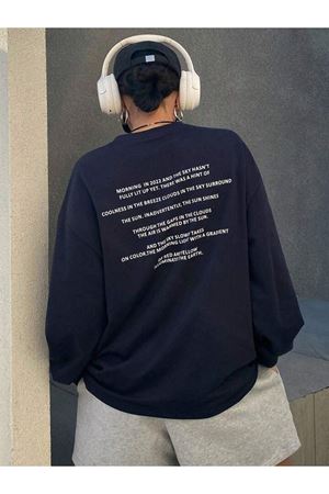 Coolness Breeze Sweatshirt - Lacivert Baskılı Oversize Kalın Kışlık Bisiklet Yaka