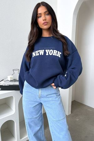 New York Thatsofetch Sweatshirt - Lacivert Baskılı Oversize Bisiklet Yaka