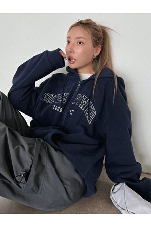 Süper Power Hırka - Lacivert Baskılı Oversize Kapüşonlu