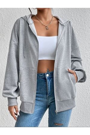 Basic Düz Hırka - Gri Oversize Kapüşonlu