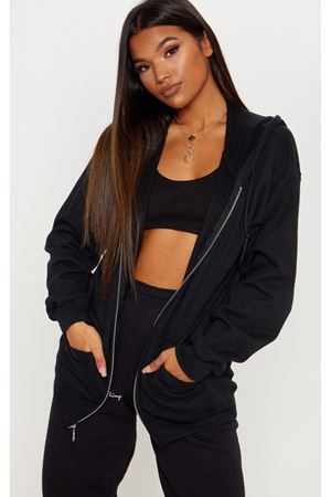 Basic Düz Hırka - Siyah Fermuarlı Oversize Kapüşonlu