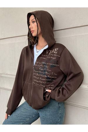 Vibe Yazılı Hırka - Kahverengi Baskılı Oversize Kapüşonlu