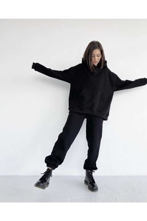 Unisex Kapüşonlu Eşofman Takımı Siyah Düz Basic Oversize
