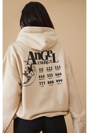 Angel Energy Sweatshirt - Bej Baskılı Oversize Kapüşonlu