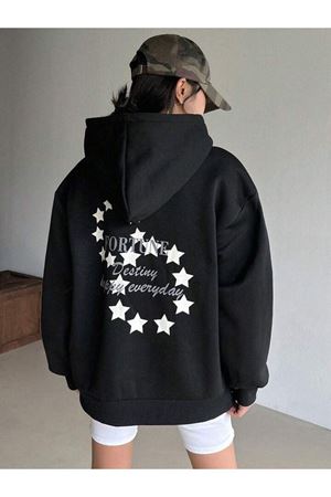 Fortune Stars Hırka - Siyah Baskılı Oversize Kapüşonlu