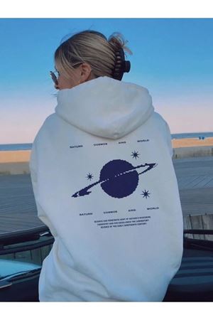 Saturn Cosmos %100 Pamuk Sweatshirt - Beyaz Baskılı Oversize Kışlık İçi Polarlı Kapüşonlu