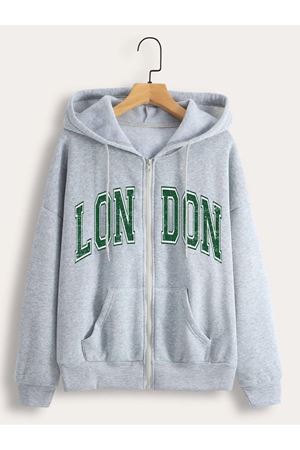 Hırka - Gri Baskılı Oversize Kapüşonlu