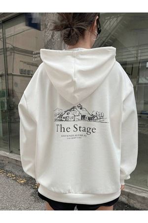The Stage California Sweatshirt Sırt Baskılı - Beyaz Baskılı Oversize Kapüşonlu