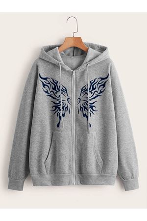 Hırka - Gri Baskılı Oversize Kapüşonlu Unisex