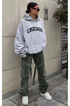Chicago Sweatshirt - Gri Baskılı Oversize Kapüşonlu
