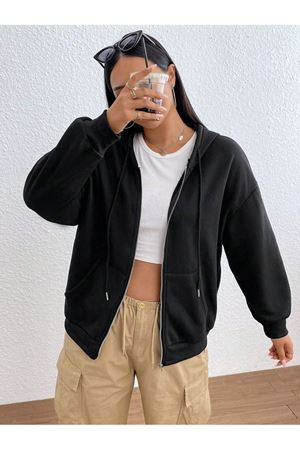 Basic Düz Hırka - Siyah Oversize Kapüşonlu
