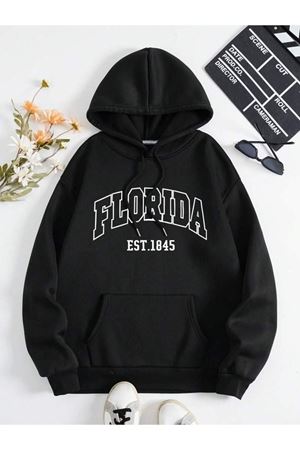 Florida 1845 Sweatshirt - Siyah Baskılı Oversize Kapüşonlu