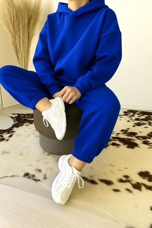 Unisex Kapüşonlu Eşofman Takımı Saks Mavi Düz Basic Oversize