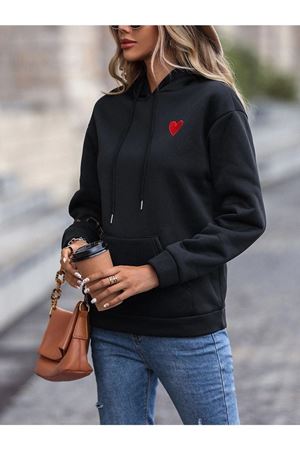 Minimal Kalp Desen Sweatshirt - Siyah Baskılı Oversize Kapüşonlu