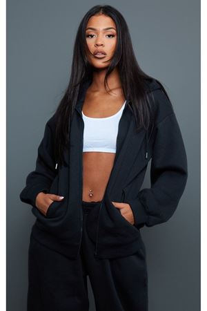 Basic Düz Hırka - Siyah Fermuarlı Oversize Kapüşonlu