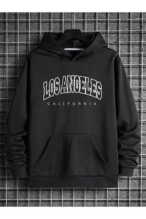 Los Angeles Sweatshirt - Siyah Baskılı Oversize Kapüşonlu