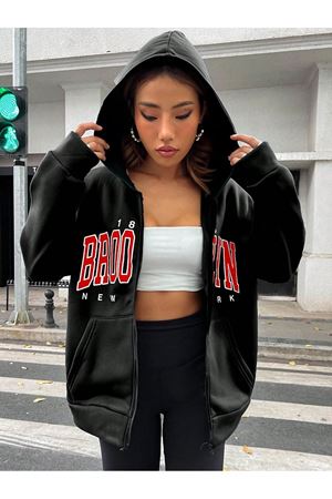 Brooklyn 1898 Hırka - Siyah Baskılı Oversize Kapüşonlu