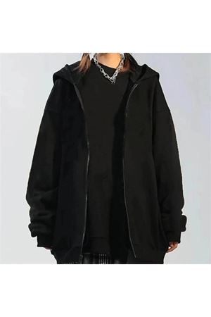 Basic Düz Hırka - Siyah Oversize Kapüşonlu