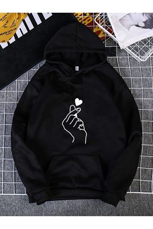 El Kalp Sweatshirt - Siyah Baskılı Oversize Kapüşonlu