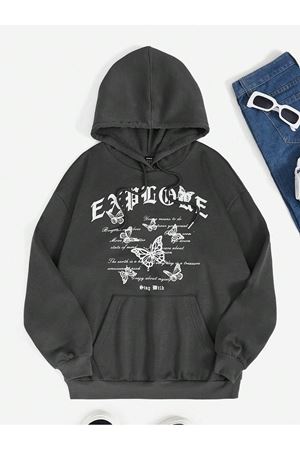Explore Butterfly Sweatshirt - Siyah Baskılı Oversize Kapüşonlu