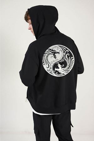 Ying Yang Hırka - Siyah Baskılı Oversize Kapüşonlu