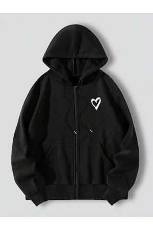 Heart Hırka - Siyah Baskılı Oversize Kapüşonlu
