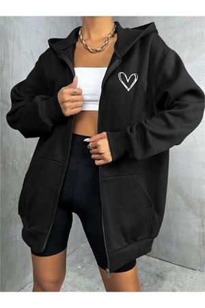 Kalp Hırka - Siyah Baskılı Oversize Kapüşonlu