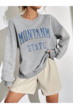 Montanm State Sweatshirt - Gri Baskılı Oversize Bisiklet Yaka