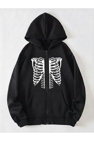 İskelet Hırka - Siyah Baskılı Oversize Kapüşonlu