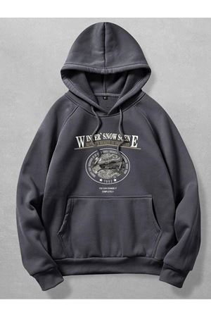 Winner Snow Scene Sweatshirt - Füme Baskılı Oversize Kapüşonlu